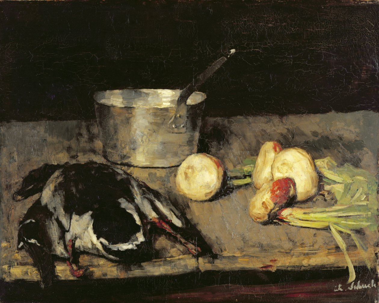 Ainda vida com caçarola e pato selvagem, 1885 de Carl Schuch