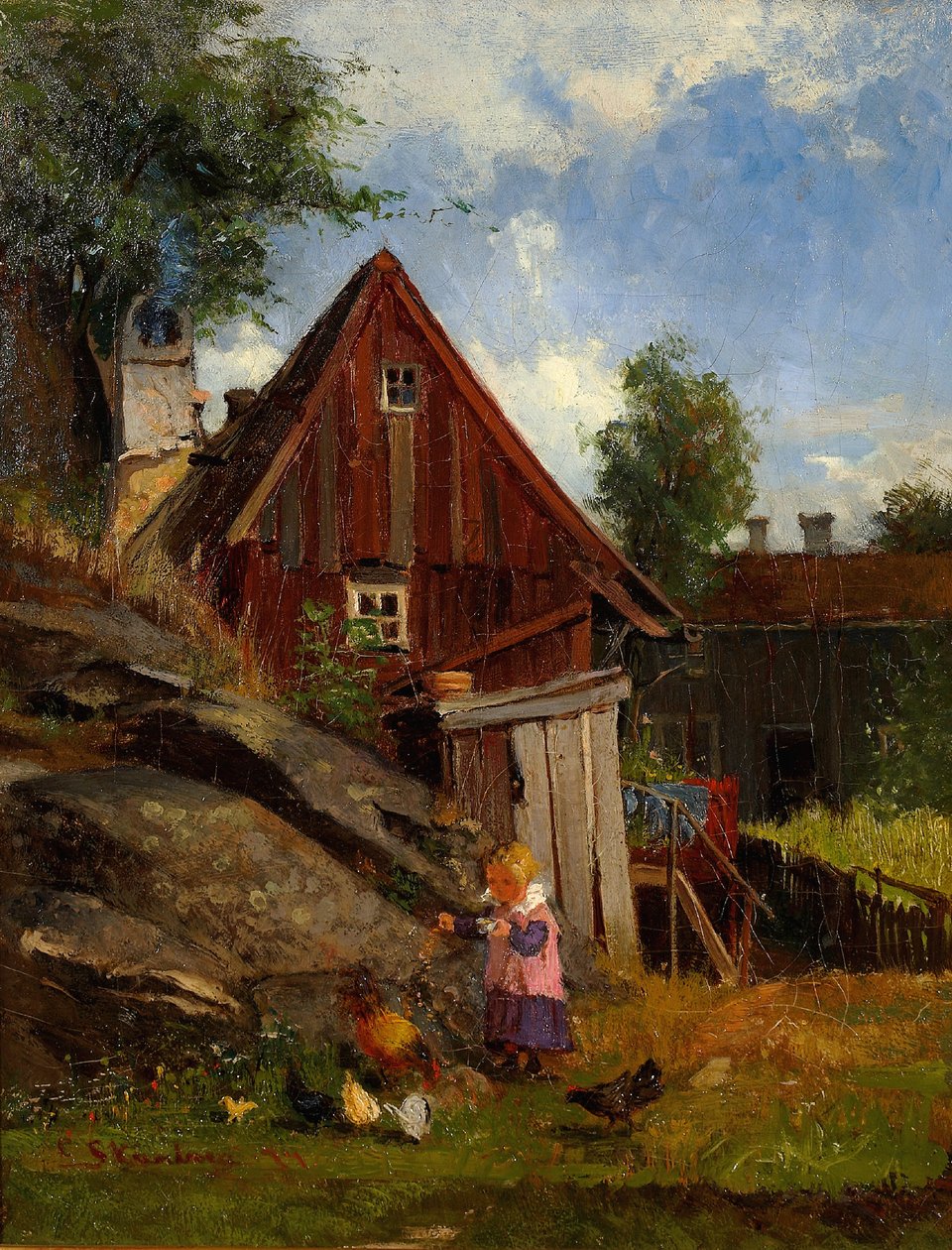 Menina, alimentação, galinhas de Carl Skånberg