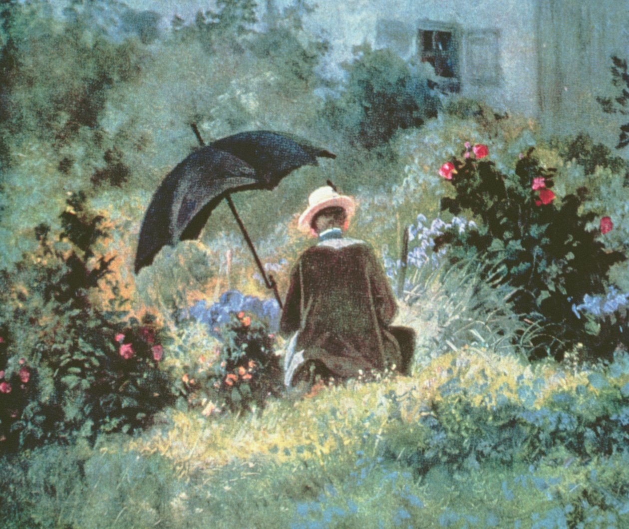 Detalhe, de, um, cavalheiro, leitura, em, um, jardim de Carl Spitzweg