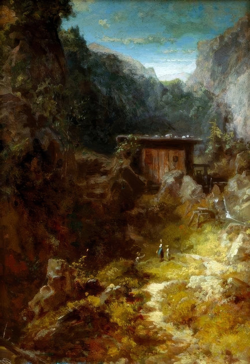 Moinho nas montanhas com três figuras de Carl Spitzweg