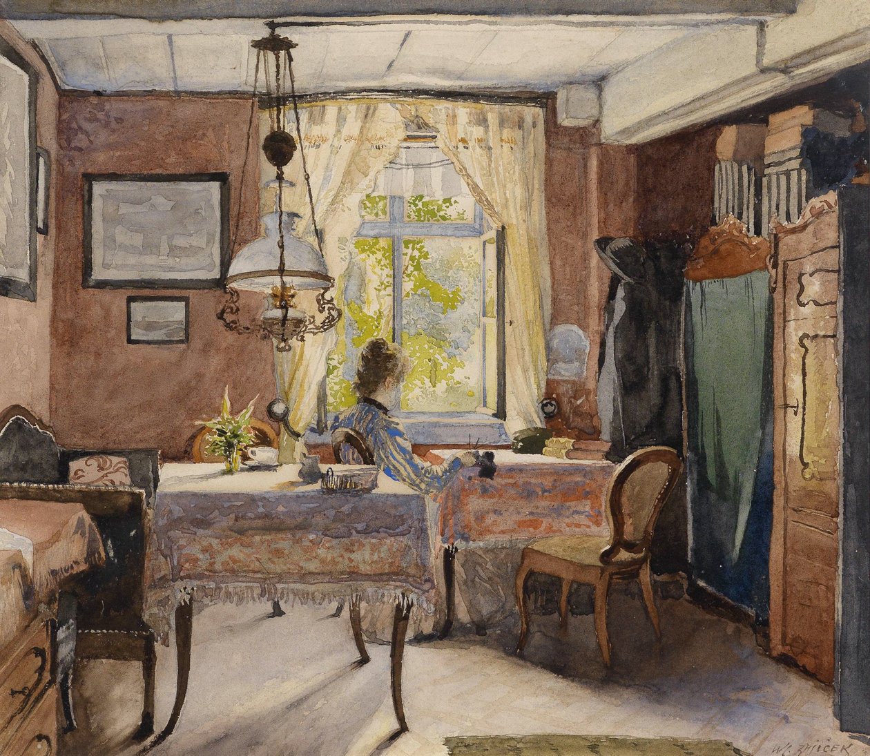 Interior ensolarado com uma mulher na janela de Carl Wenzel Zajicek
