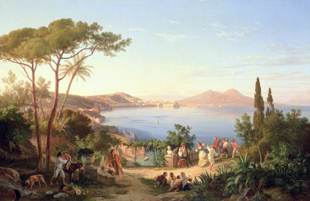 Baía de Nápoles com dança italiana, c.1850 de Carl Wilhelm Goetzloff