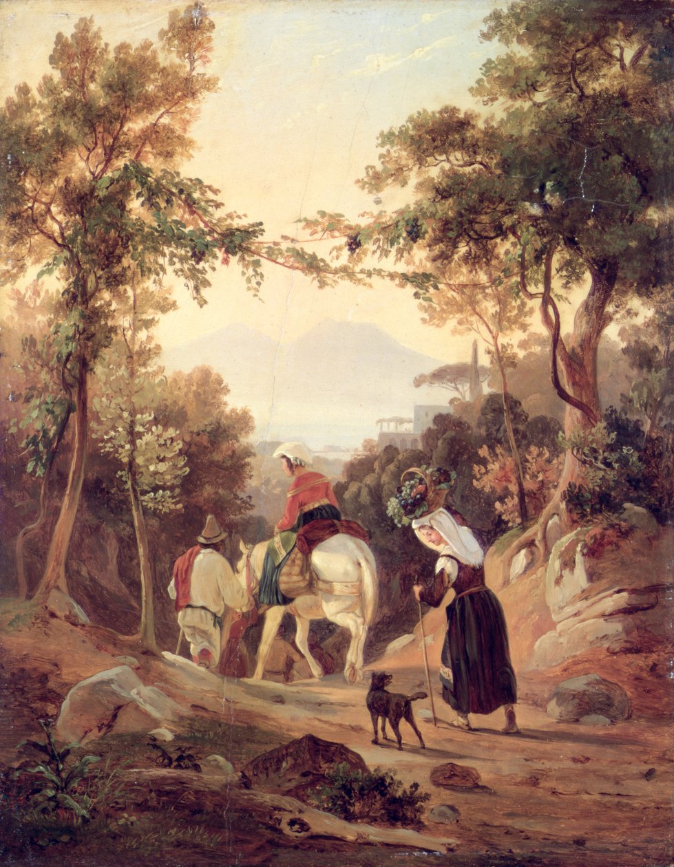 Paisagem Italiana com Camponeses, c.1845 (óleo sobre madeira) de Carl Wilhelm Goetzloff