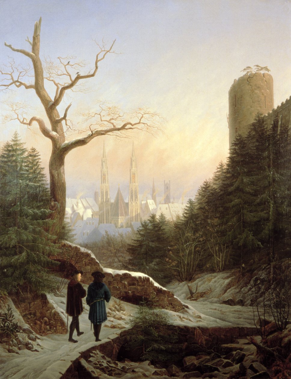 Paisagem de inverno com igreja gótica, 1821 de Carl Wilhelm Goetzloff
