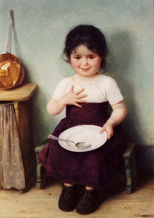 Garotinha sentada em um interior rústicoEspanol: Nina en la cocina 1904, obra de Carl von BergennFrançais: Petite fille a la cuilleren de Carl von Bergen
