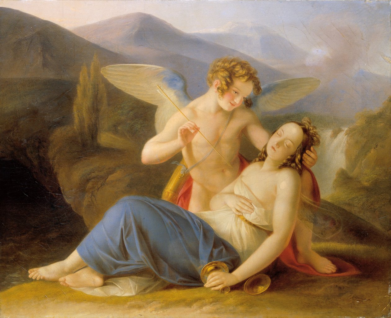 Psique é despertada do desmaio pela flecha do Cupido de Carl Agricola