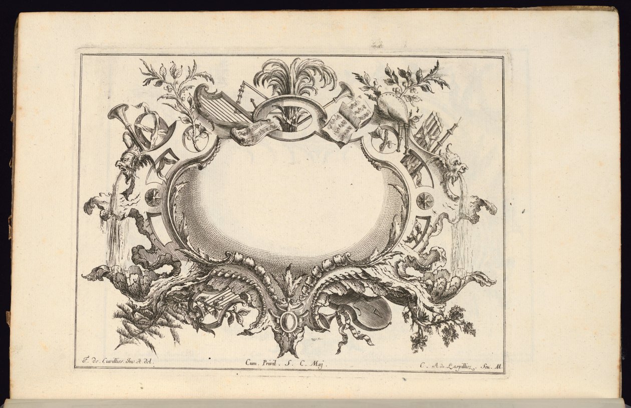 Cartouche com instrumentos musicais, Livre de Cartouches Reguliers (Livro de Cartouches regulares) de Carl Albert von Lespilliez