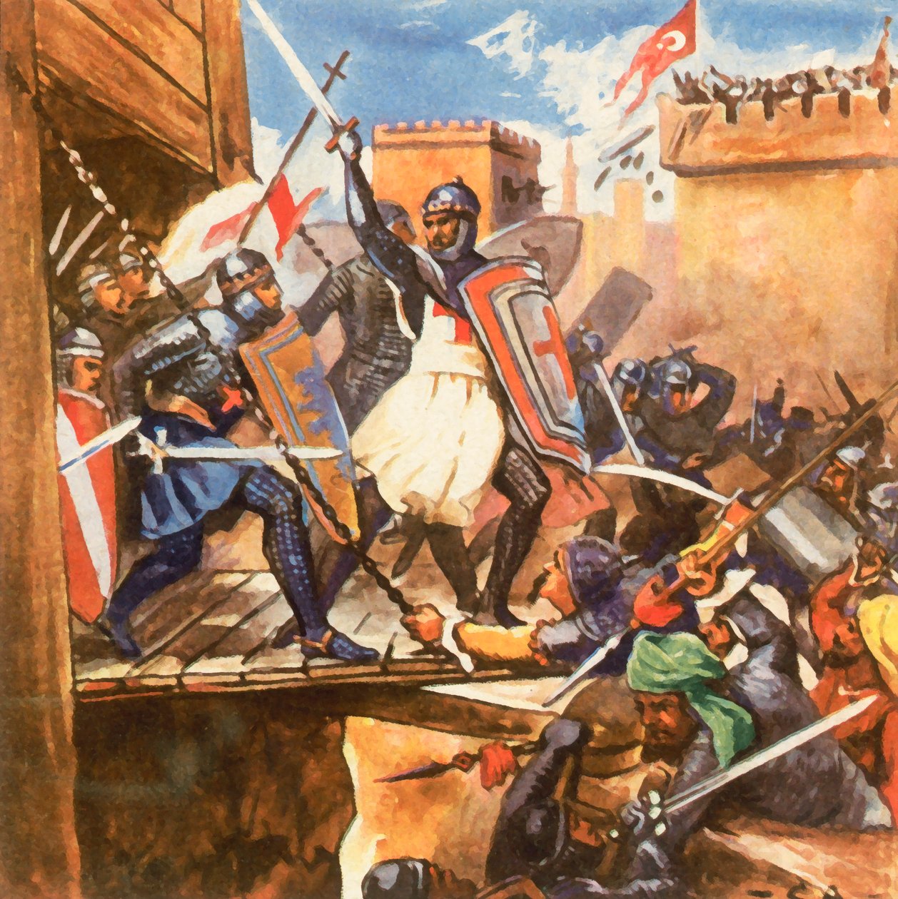 Ataque dos Cruzados a Acre (litografia a cores melhorada) de Carl Arriens