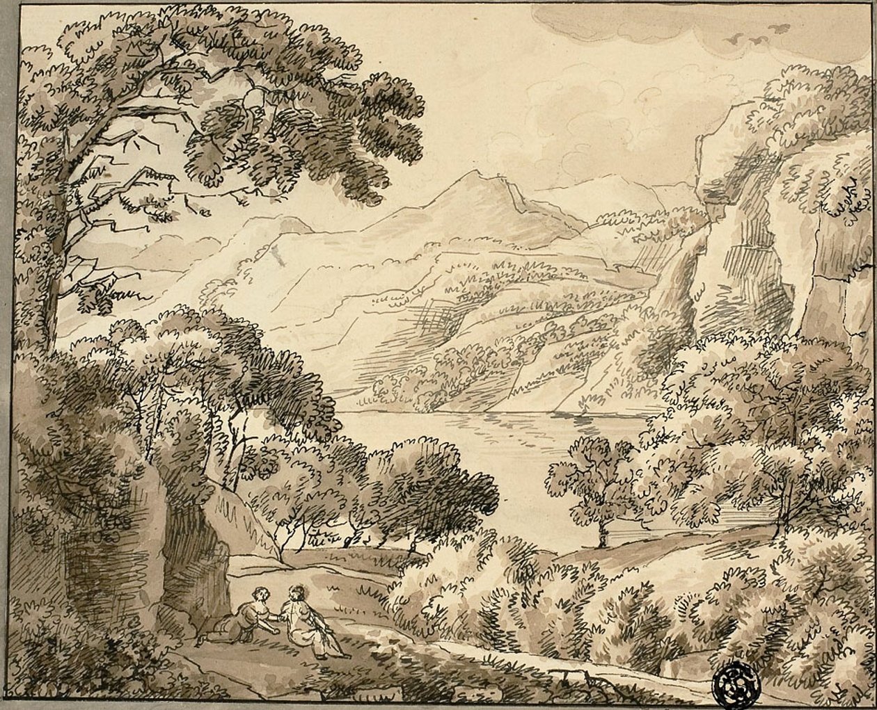 Lago de montanha com duas figuras de Carl August Lebschee