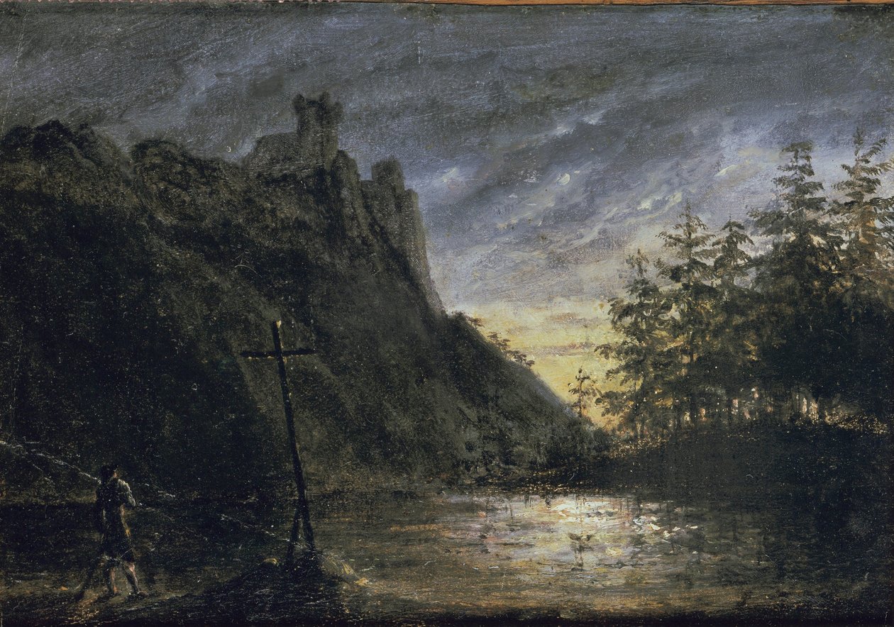 O castelo do cavaleiro junto ao lago dos abetos de Carl Blechen