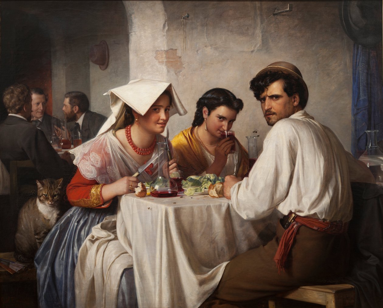 Dinamarquês:  Fra et romersk osteria Numa Osteria Romana de Carl Bloch