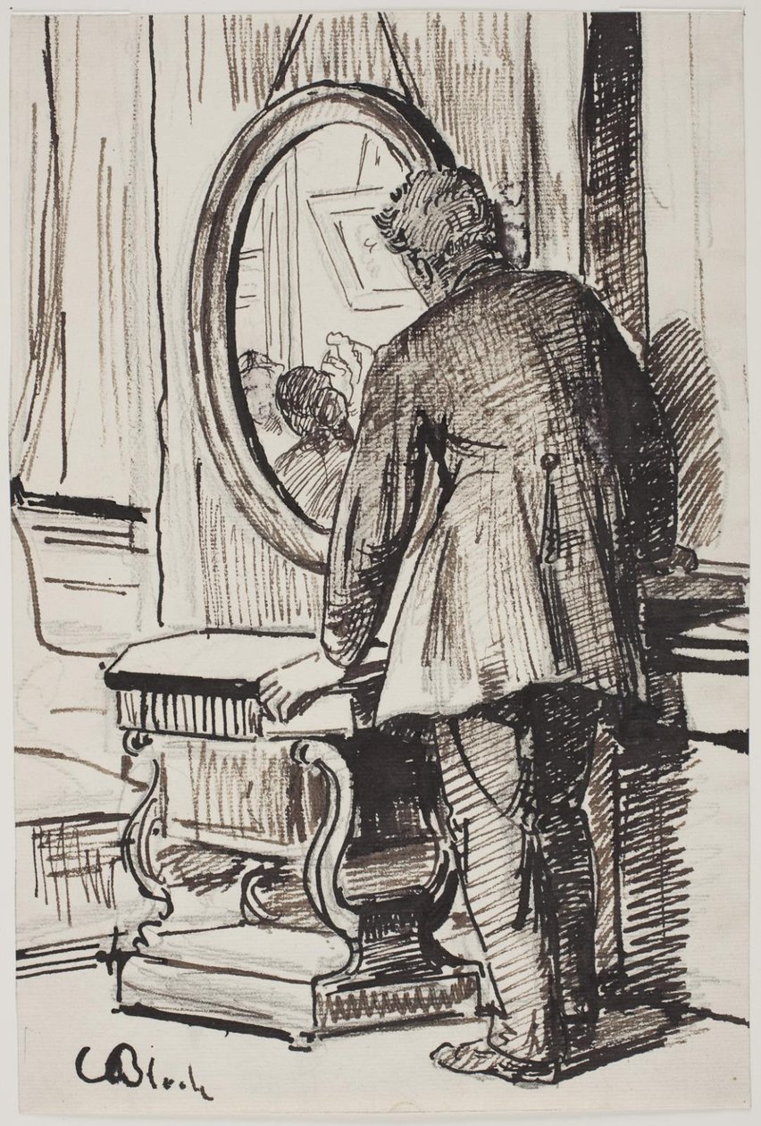 Um jovem olha para três mulheres no espelho de Carl Bloch