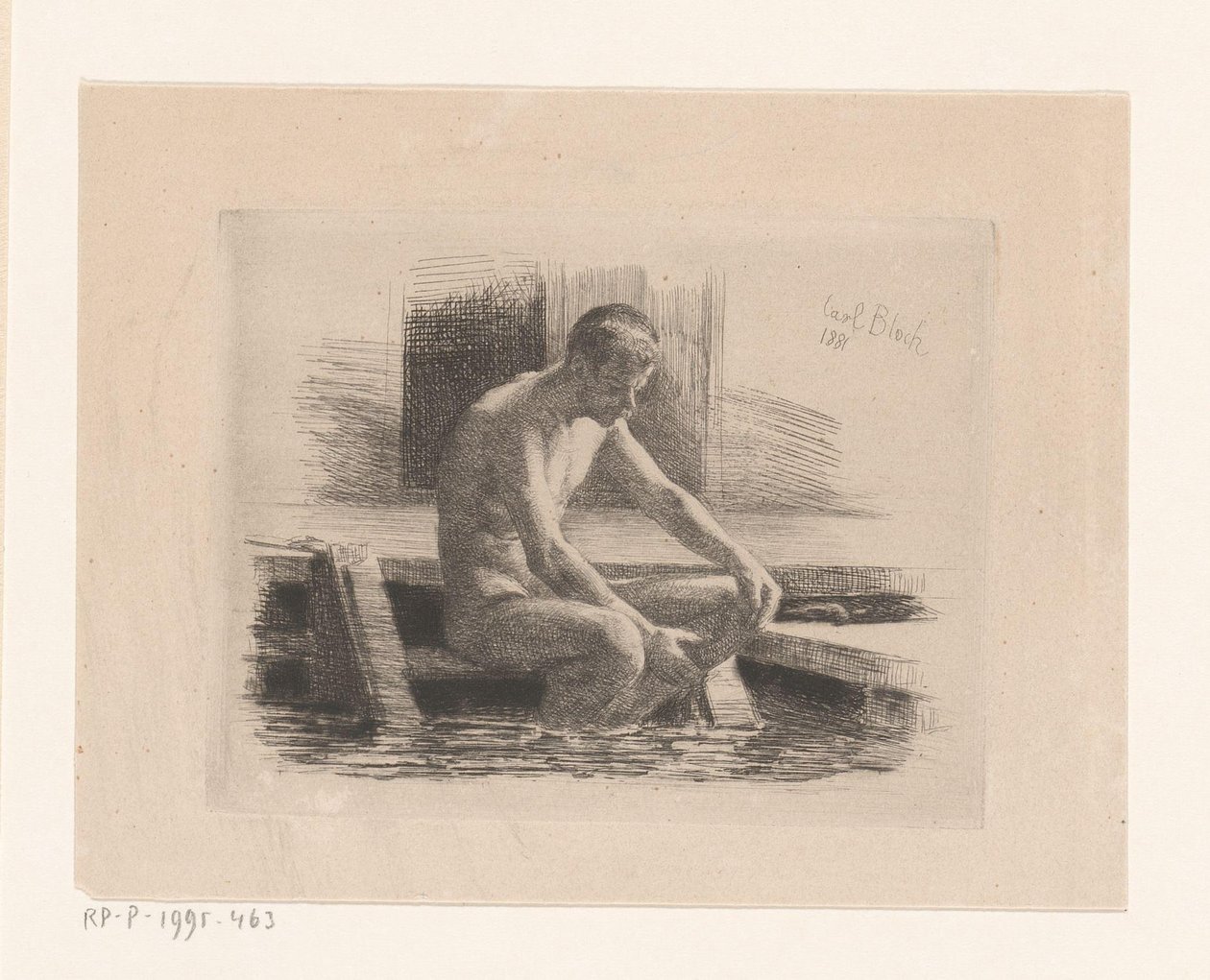 Homem nu sentado em degraus junto à água de Carl Bloch