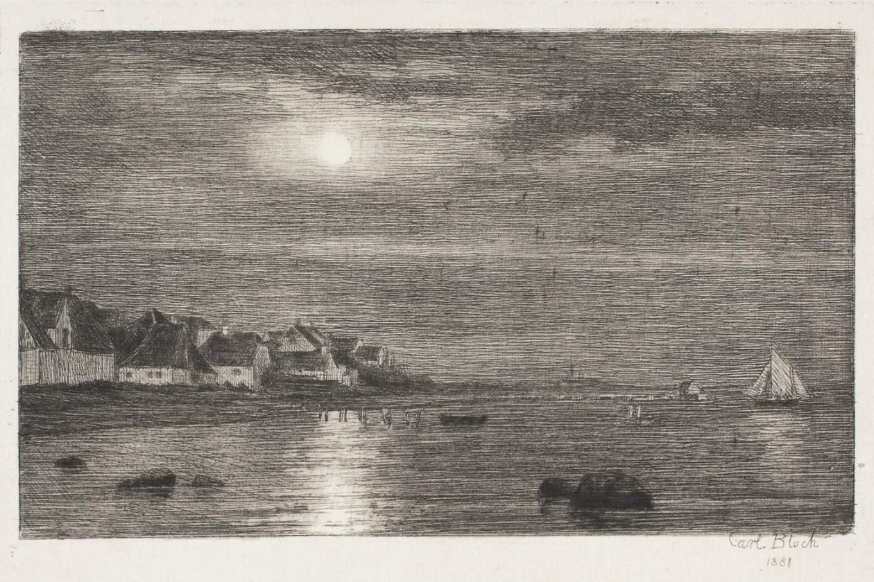 Seção de praia em Hellebæk. Luar de Carl Bloch