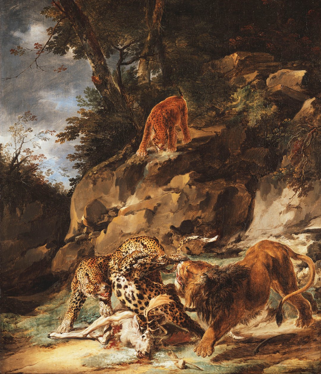 Um leão dirigindo um par de leopardos de um cervo morto, de Carl Borromaus Andreas Ruthart