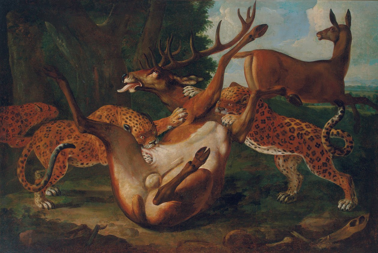 Leopardos atacando veados em uma paisagem de Carl Borromaus Andreas Ruthart