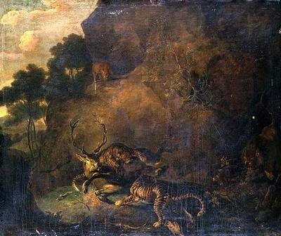 Tigres a atacar um veado em paisagem rochosa de Carl Borromaus Andreas Ruthart