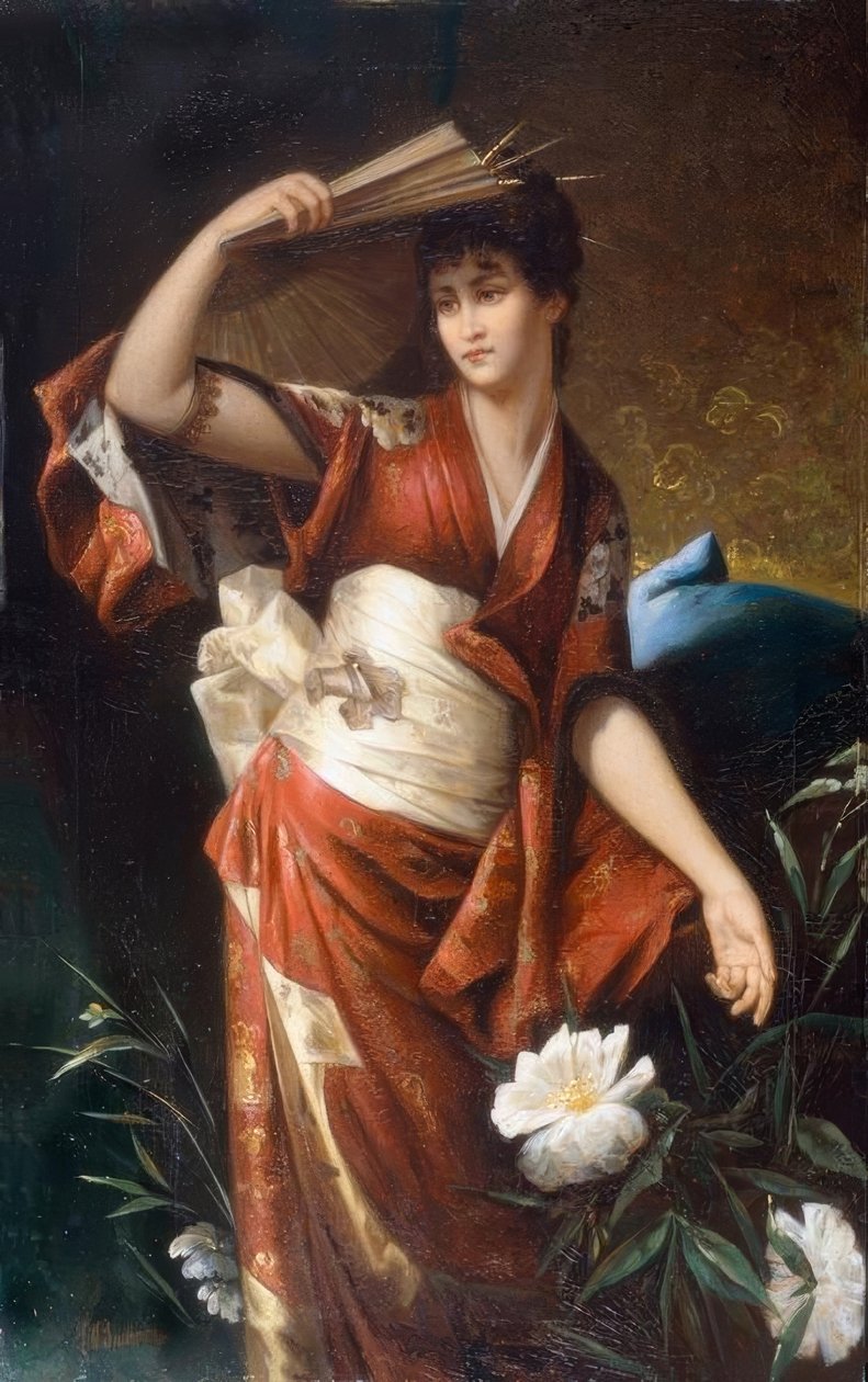 Retrato de uma senhora em traje japonês de Carl Buchner