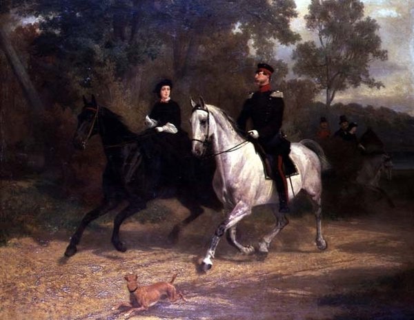 Uma Senhora e um Oficial, possivelmente Príncipe Herdeiro e Princesa da Prússia, cavalgando em um parque de Carl Constantin Steffeck
