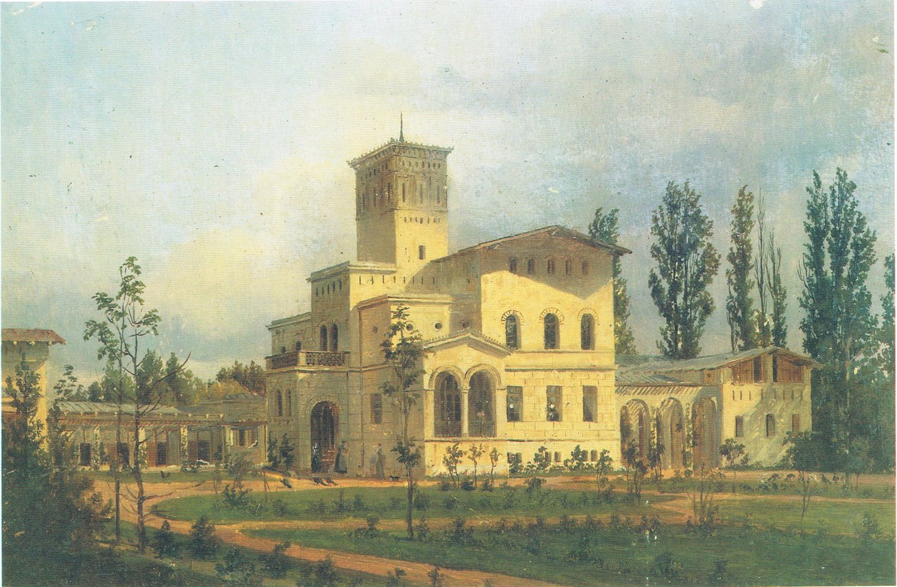 Vista para o edifício dos faisões perto do castelo de Charlottenhof de Carl Daniel Freydanck