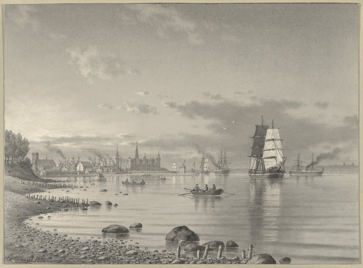Navegação no Oresund com Helsingor e Castelo de Kronborg à distância de Carl Emil Baagoe