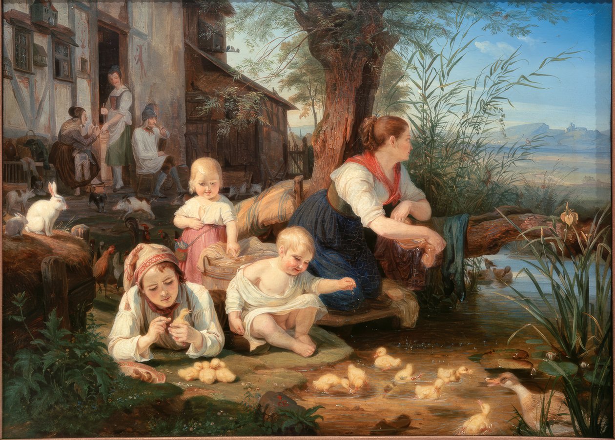 Mãe com filhos no lago da aldeia de Carl Engel von Rabenau