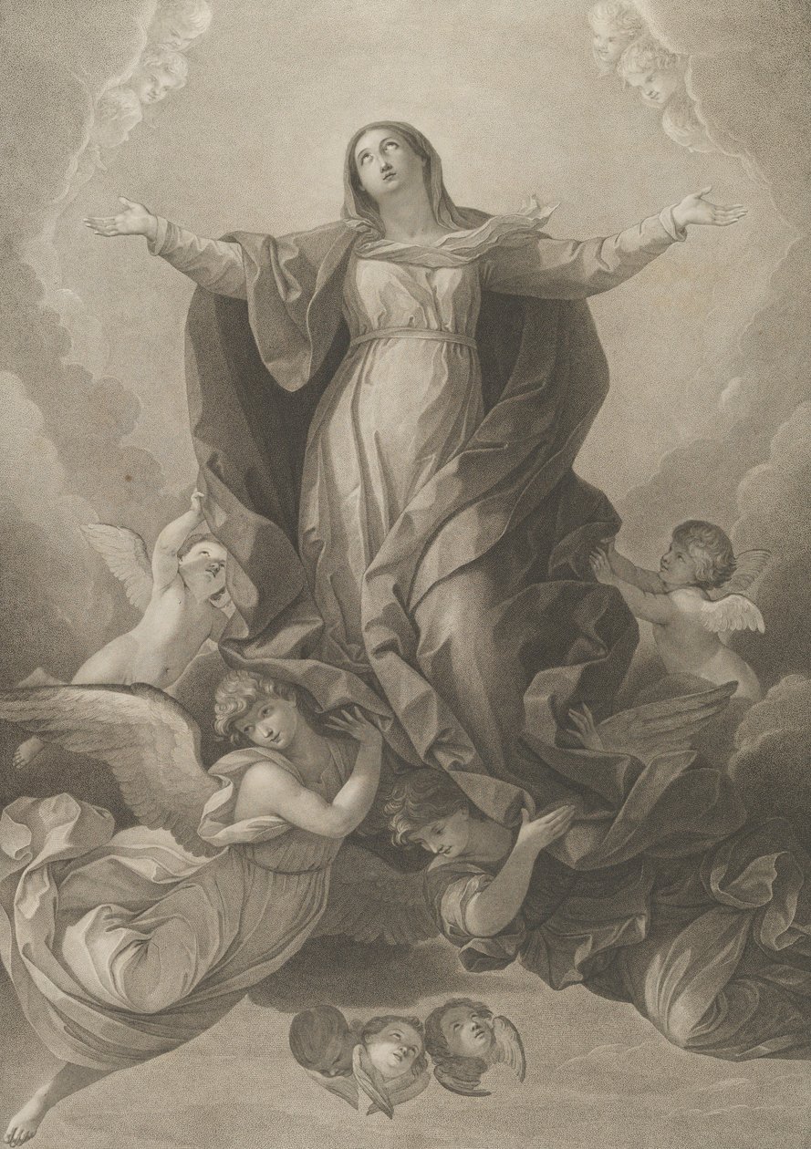 A assunção da Virgem, que se levanta com os braços estendidos, anjos que a sustentam desde..., 1792. de Carl Ernst Christoph Hess