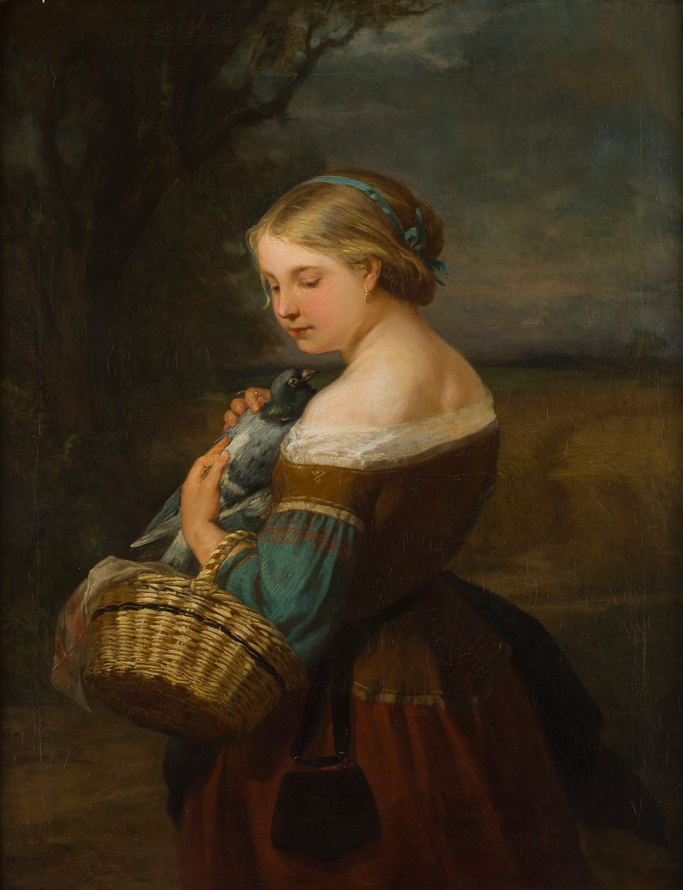 Retrato de uma camponesa com um pombo (óleo sobre tela) de Carl Ernst Ludwig Wagner