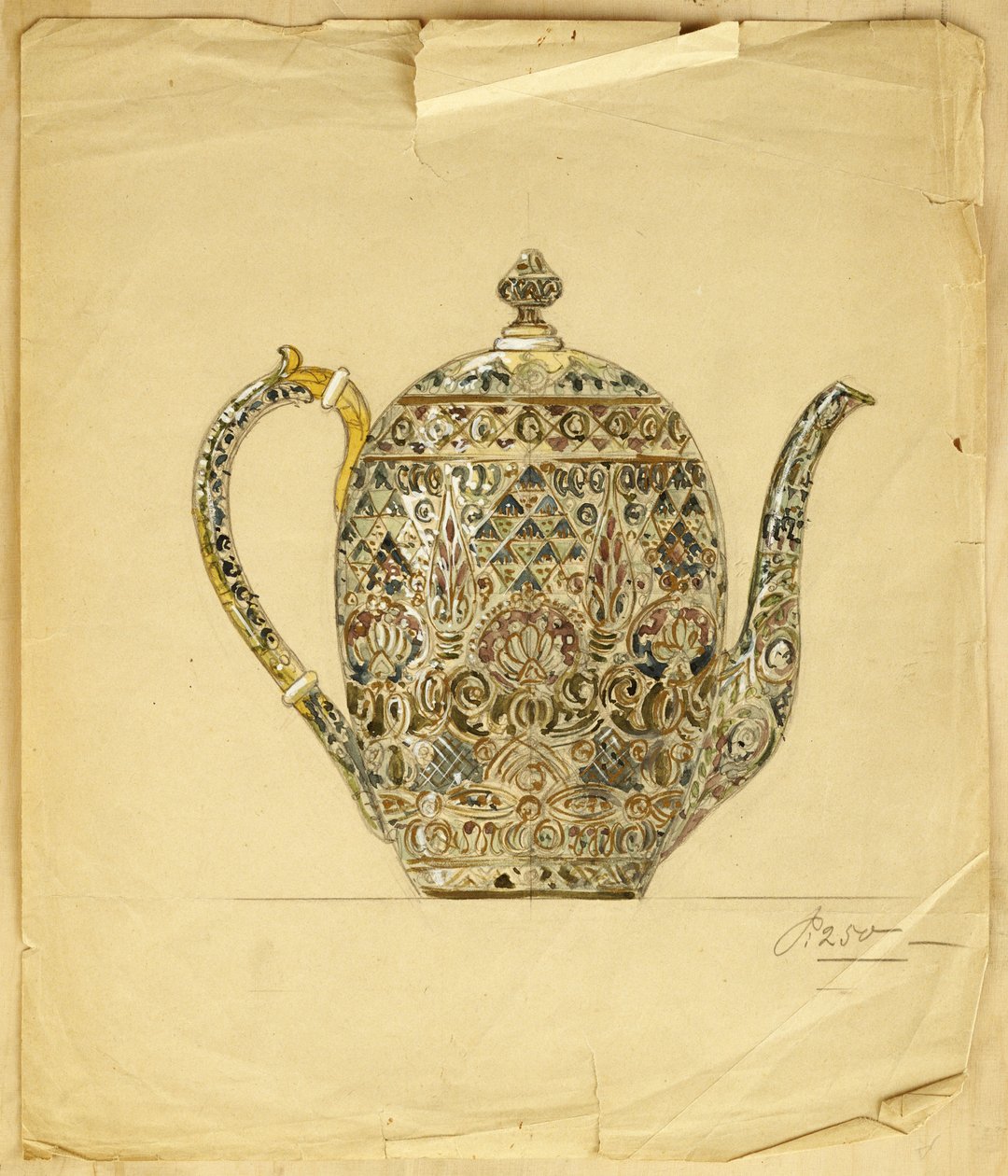 Projeto para uma cafeteira oval de esmalte cloisonne de prata dourada, House of Carl Faberge de Carl Fabergé