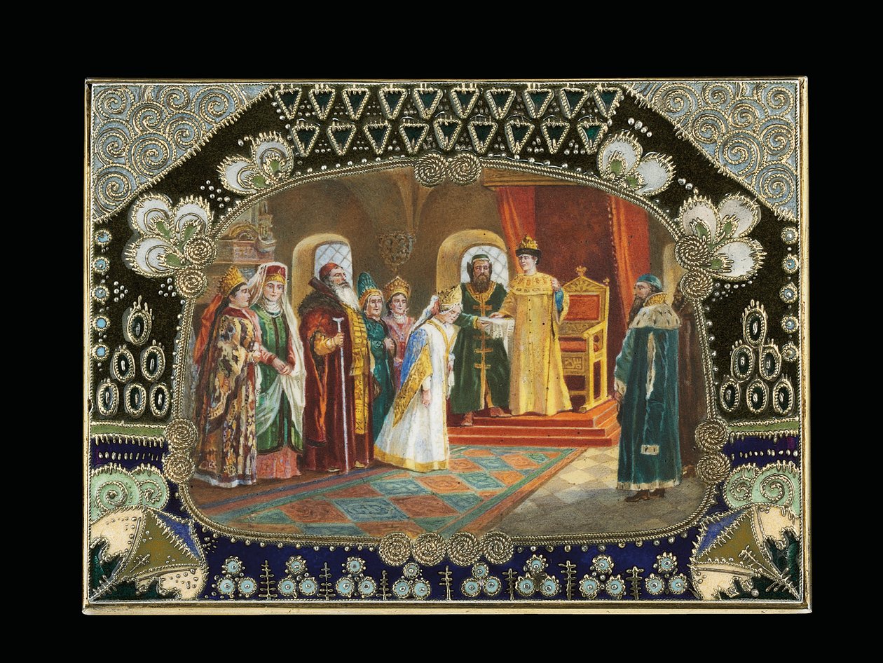 Detalhe da cartela pintada de uma caixa de mesa, retratando o czar Alexei Mikhailovich escolhendo uma noiva, c.1908-1917 de Carl Fabergé