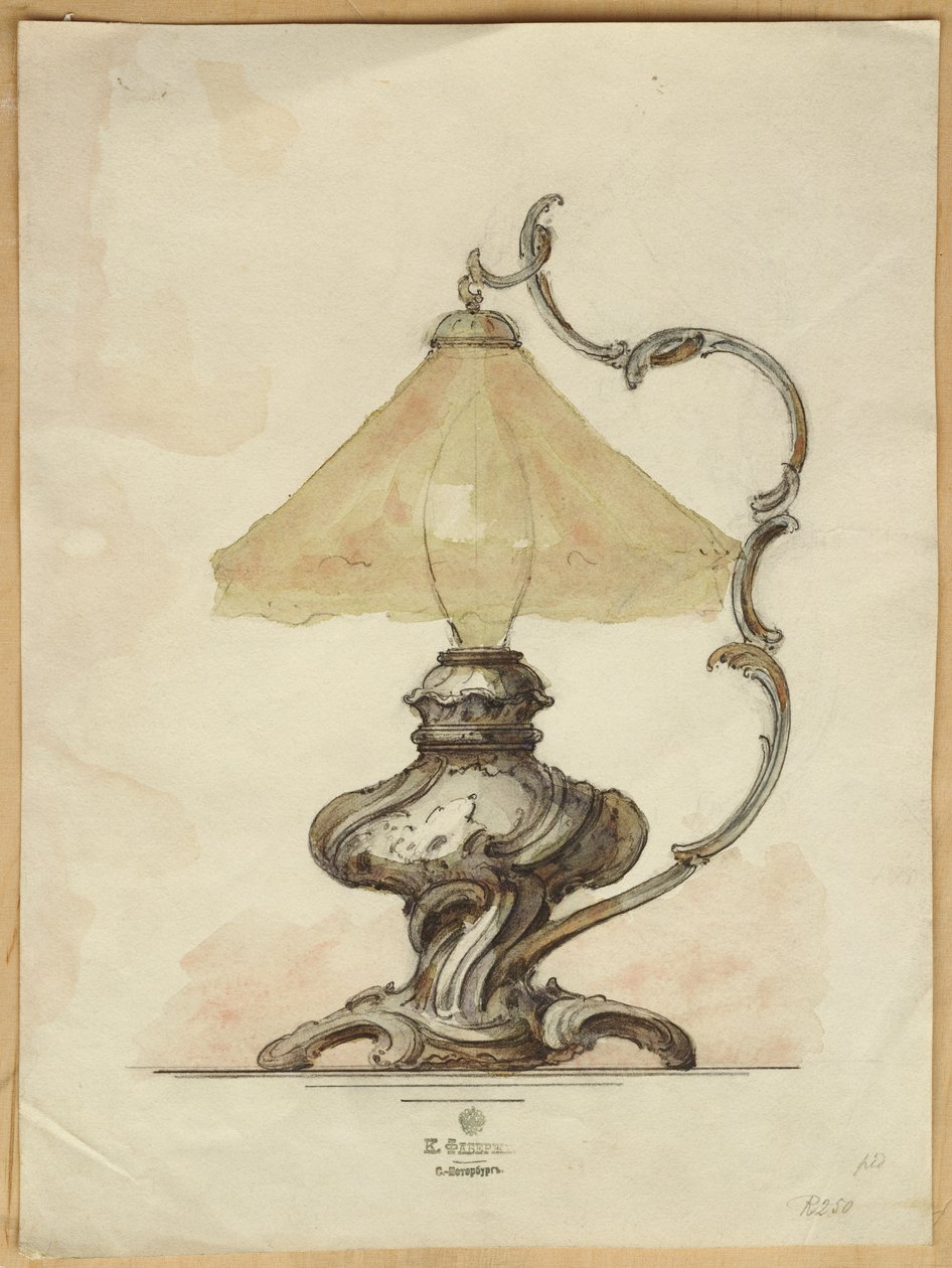 Desenho de um abajur de prata com corpo canelado torcido em estilo rococó, House of Carl Faberge de Carl Fabergé