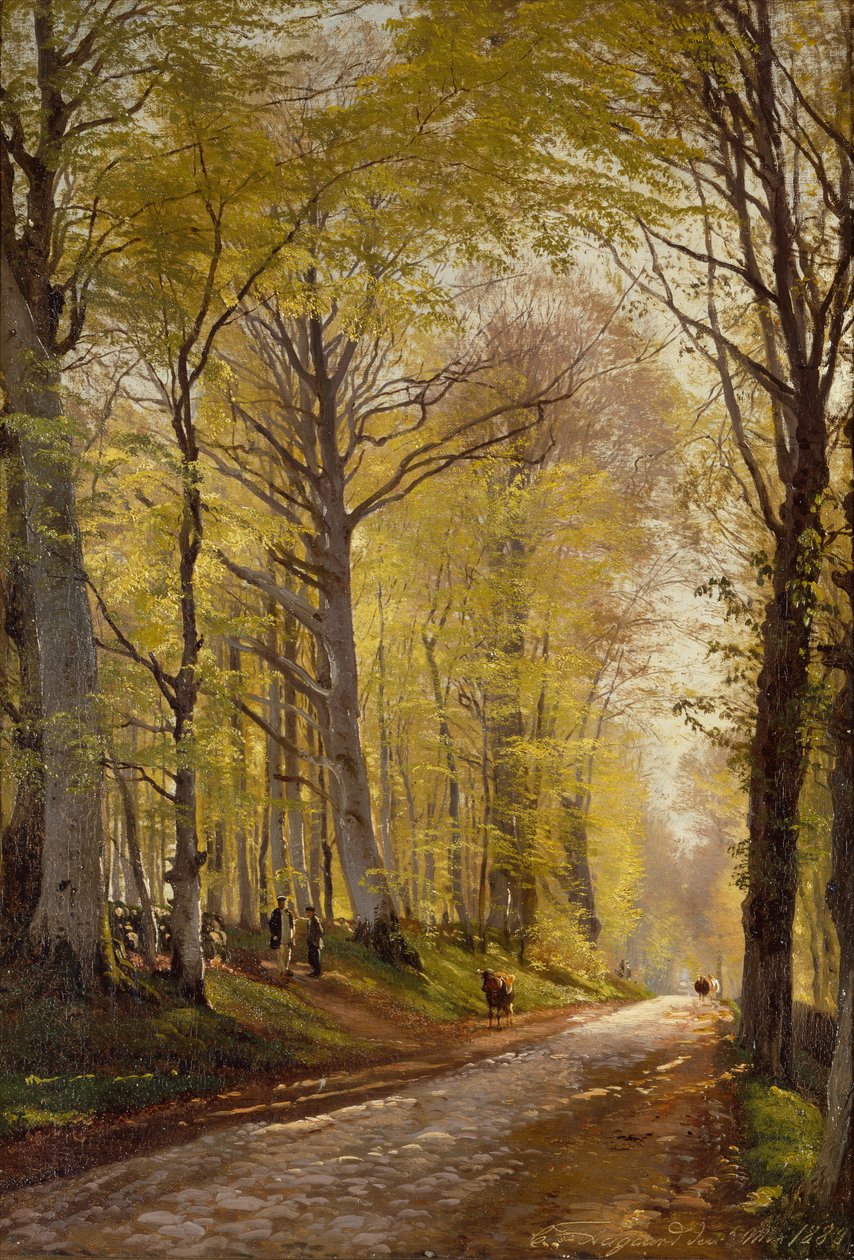 Um caminho na floresta com pastores e gado (óleo sobre tela) de Carl Frederick Aagaard