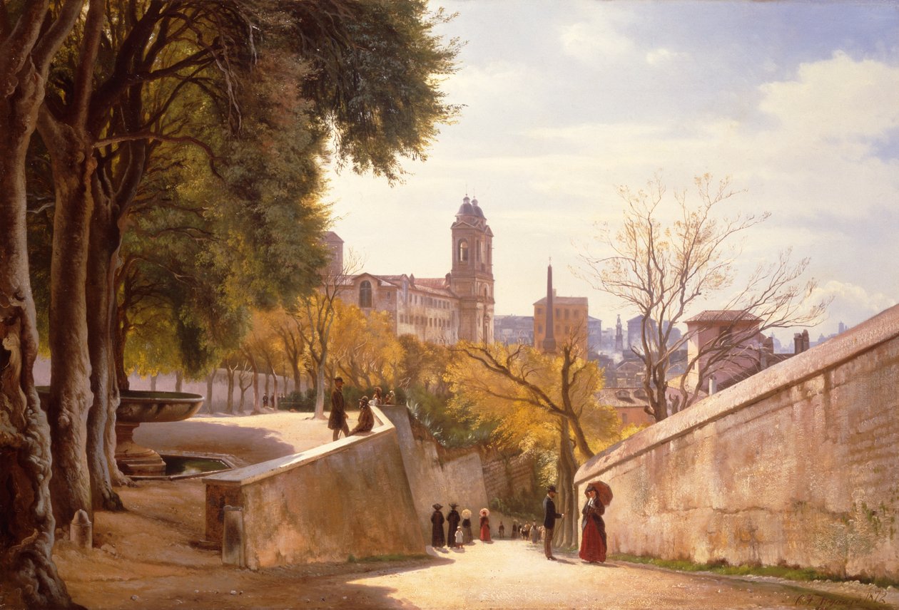 Vista da Viale Trinità dei Monti com a Fonte da Villa Medici, vista da Via di San Sebastianello, Roma de Carl Frederick Aagaard