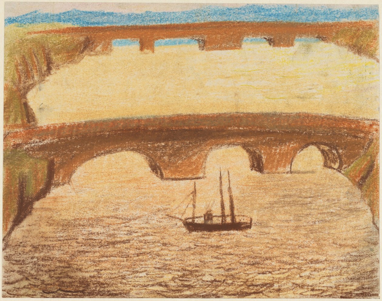 Lange Steinbrücken über Fluss mit einem Schiff de Carl Fredrik Hill