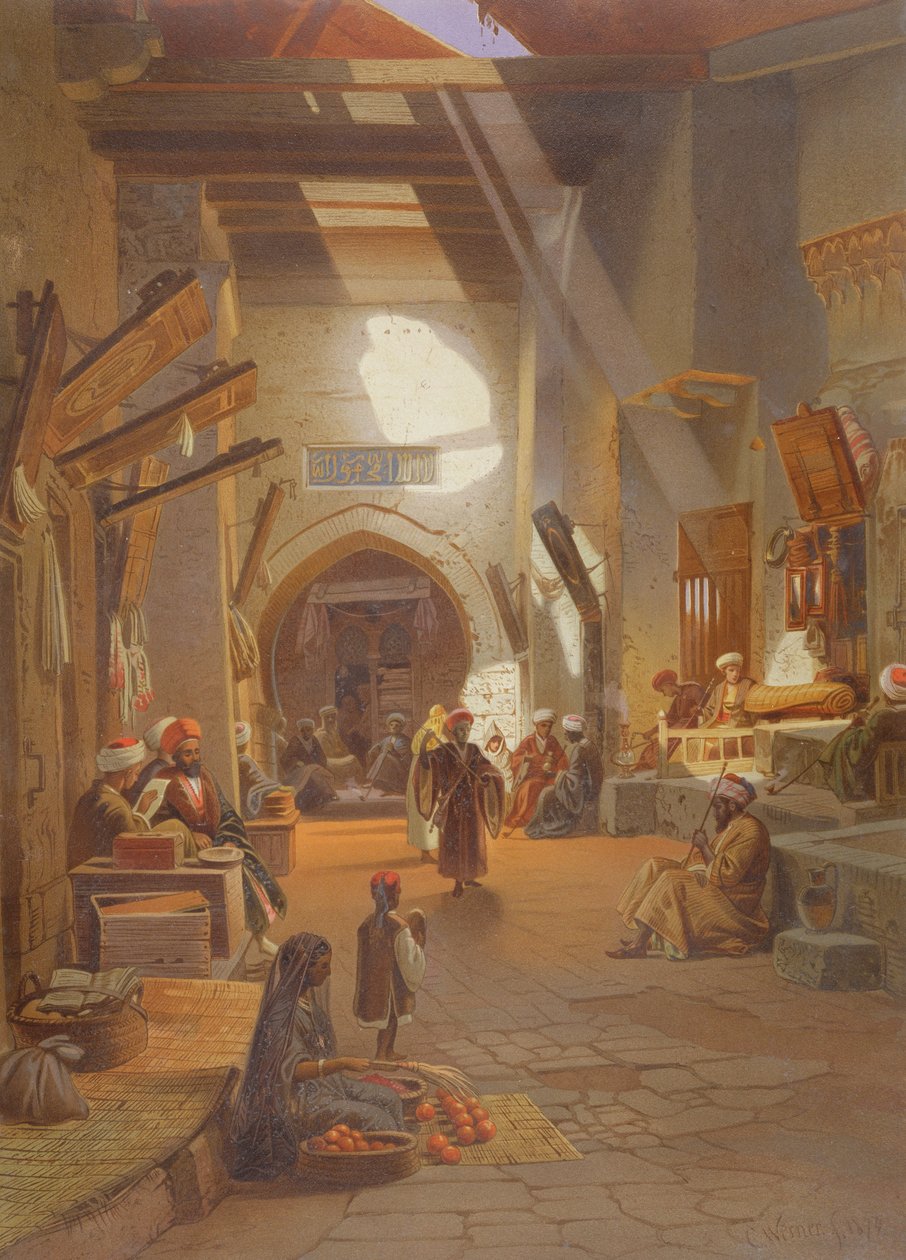 Bazaar em Girgah, uma das 24 ilustrações produzidas por GW Seitz, impressa em 1873 de Carl Friedrich Heinrich Werner