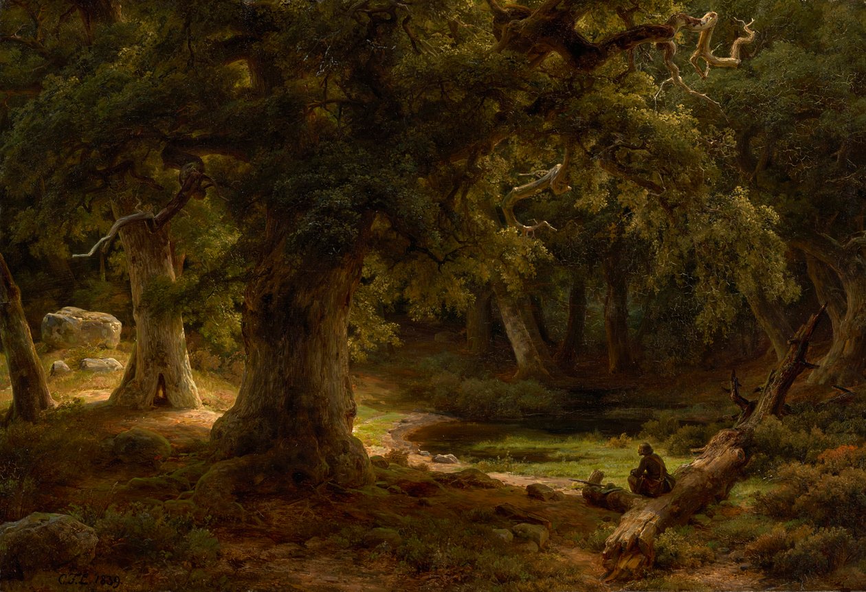 Bosque de carvalhos com caçador em repouso de Carl Friedrich Lessing
