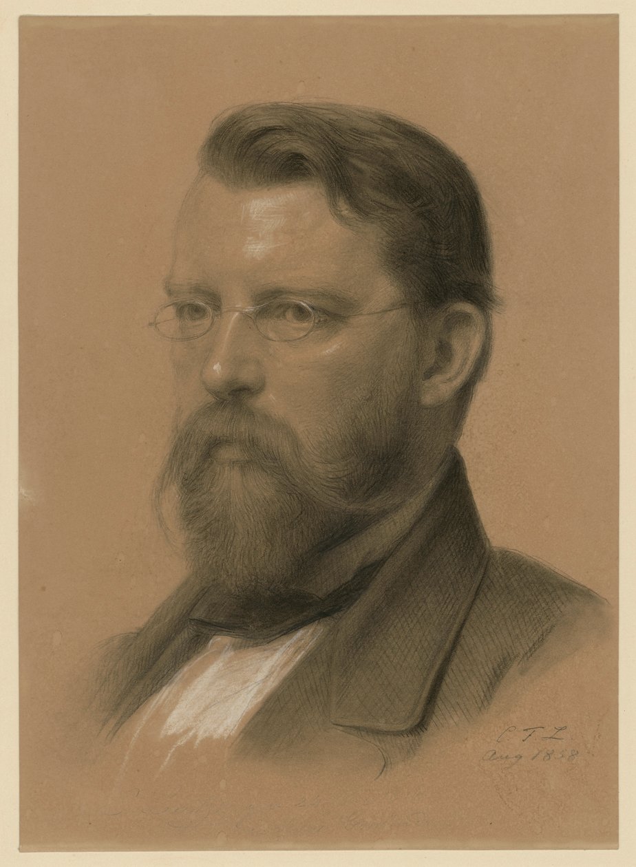 Emanuel Leutze, pintor de história, retrato de busto com óculos voltado para a esquerda de Carl Friedrich Lessing