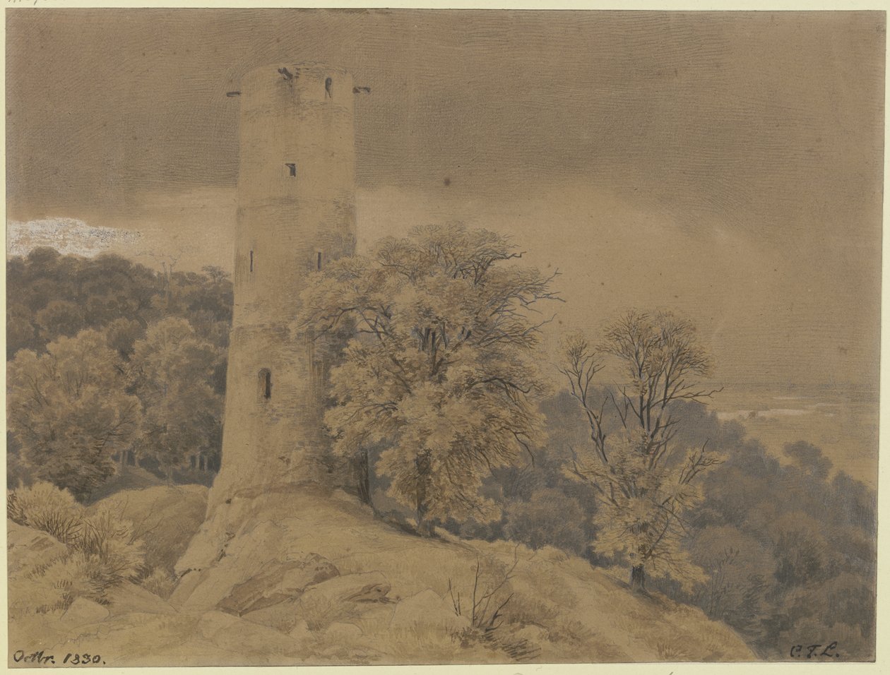 Paisagem florestal com torre de vigia de Carl Friedrich Lessing