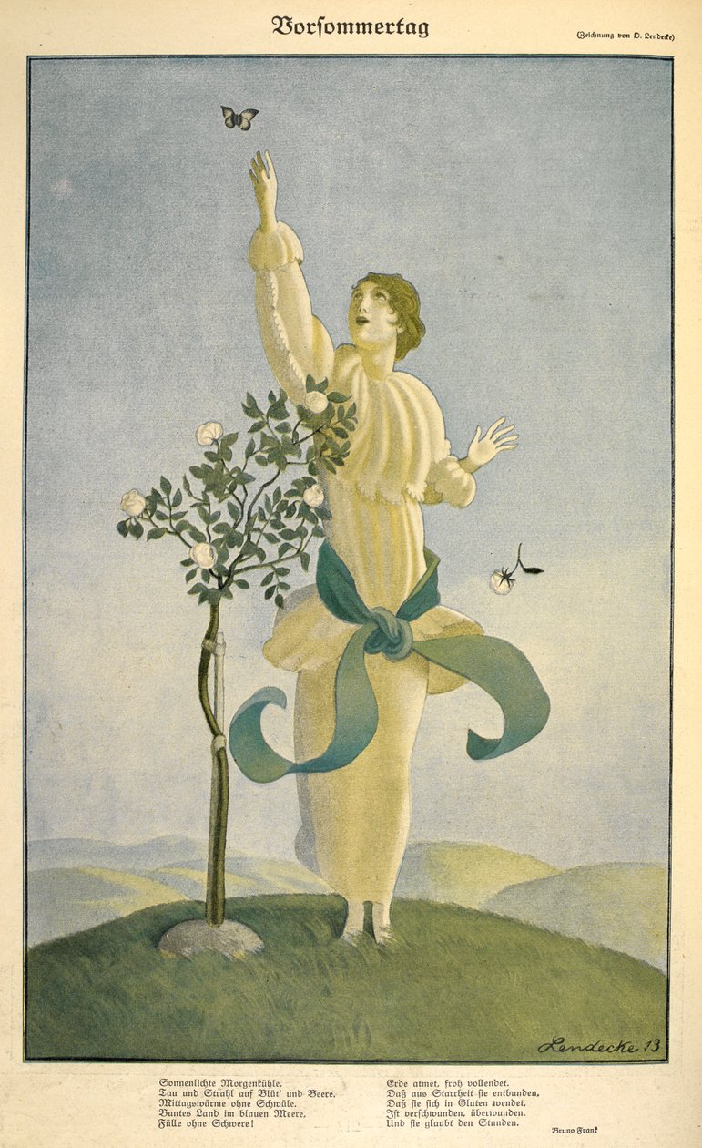 Desenho para o poema "Vorsommertag": .Desenho sobre o poema "Vorsommertag". Uma mulher pegando uma borboleta. de Carl Friedrich Otto Lendecke