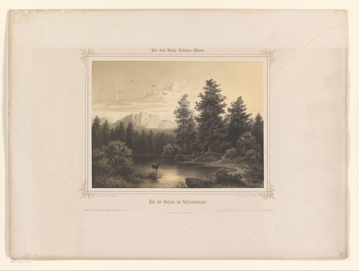 Vista de uma água em Salzkammergut Flus der Gossau im Salzkammergut (título no objeto) Álbum apresentado a Luís I da Baviera (título da série) Álbum de König-Ludwig (título da série) de Carl Friedrich Würthle