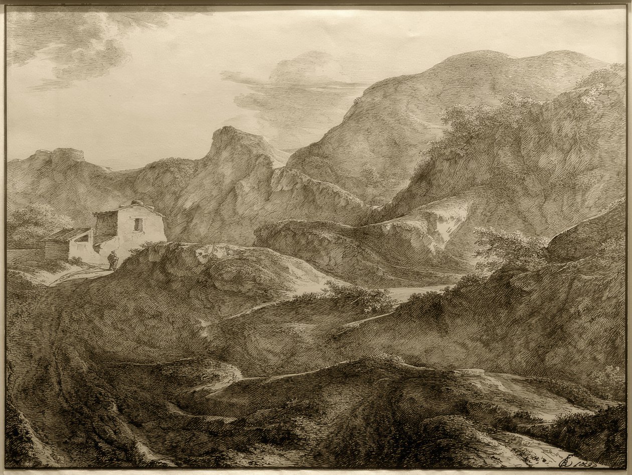 Paisagem de montanha, deixou uma casa com um caminhante na frente dele de Carl Friedrich von Rumohr