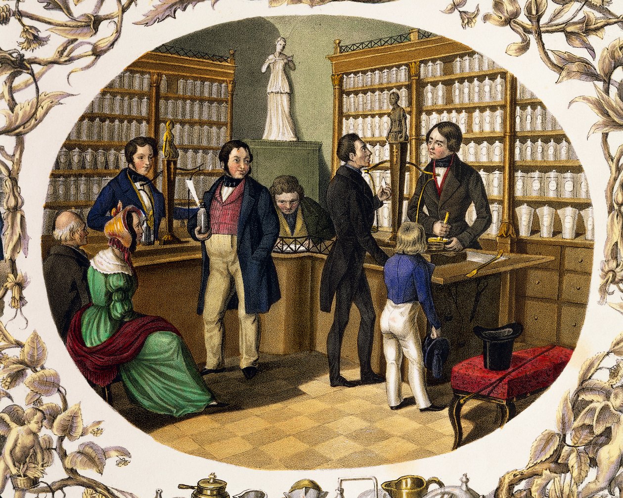 Interior da farmácia austríaca de Carl and Geiger Peter Johann Nepomuk Kunz