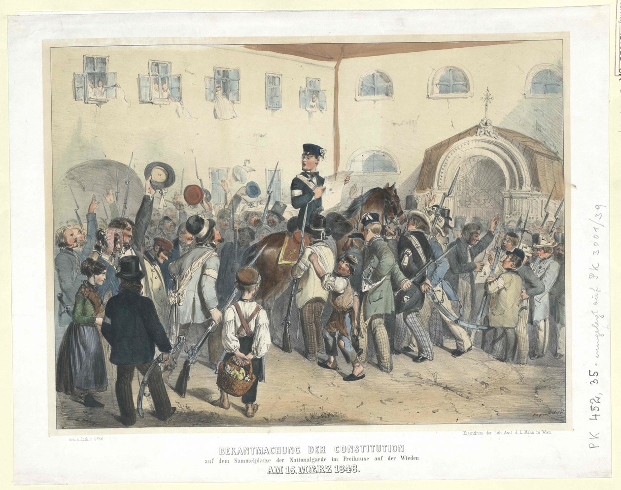 Proclamação da Constituição no local de reunião da Guarda Nacional na Freihaus (Casa Livre) em Wieden, a 15 de março de 1848 (litografia a cores) de Carl Goebel