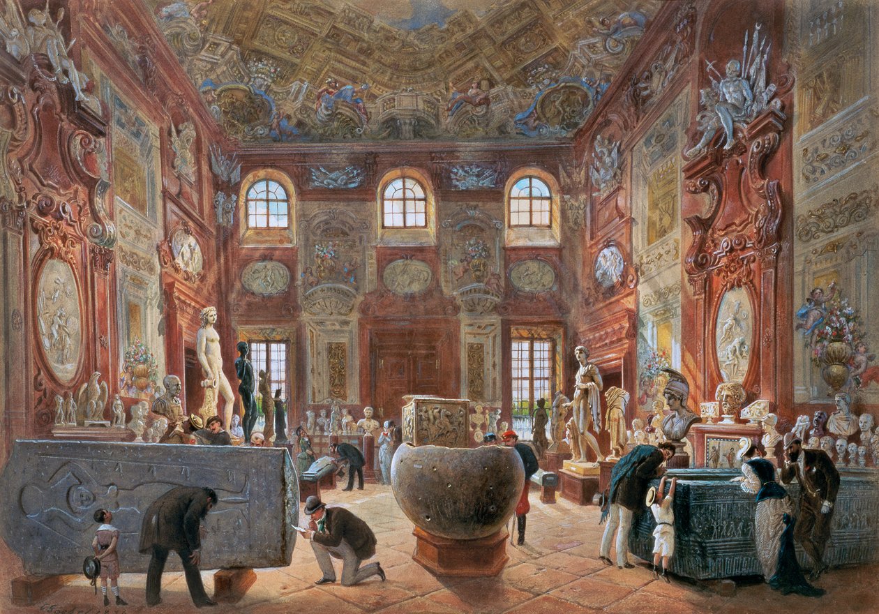 O Grande Salão de Mármore do Miradouro Inferior com as esculturas da Colecção de Antiguidades Clássicas de Carl Goebel d. J.