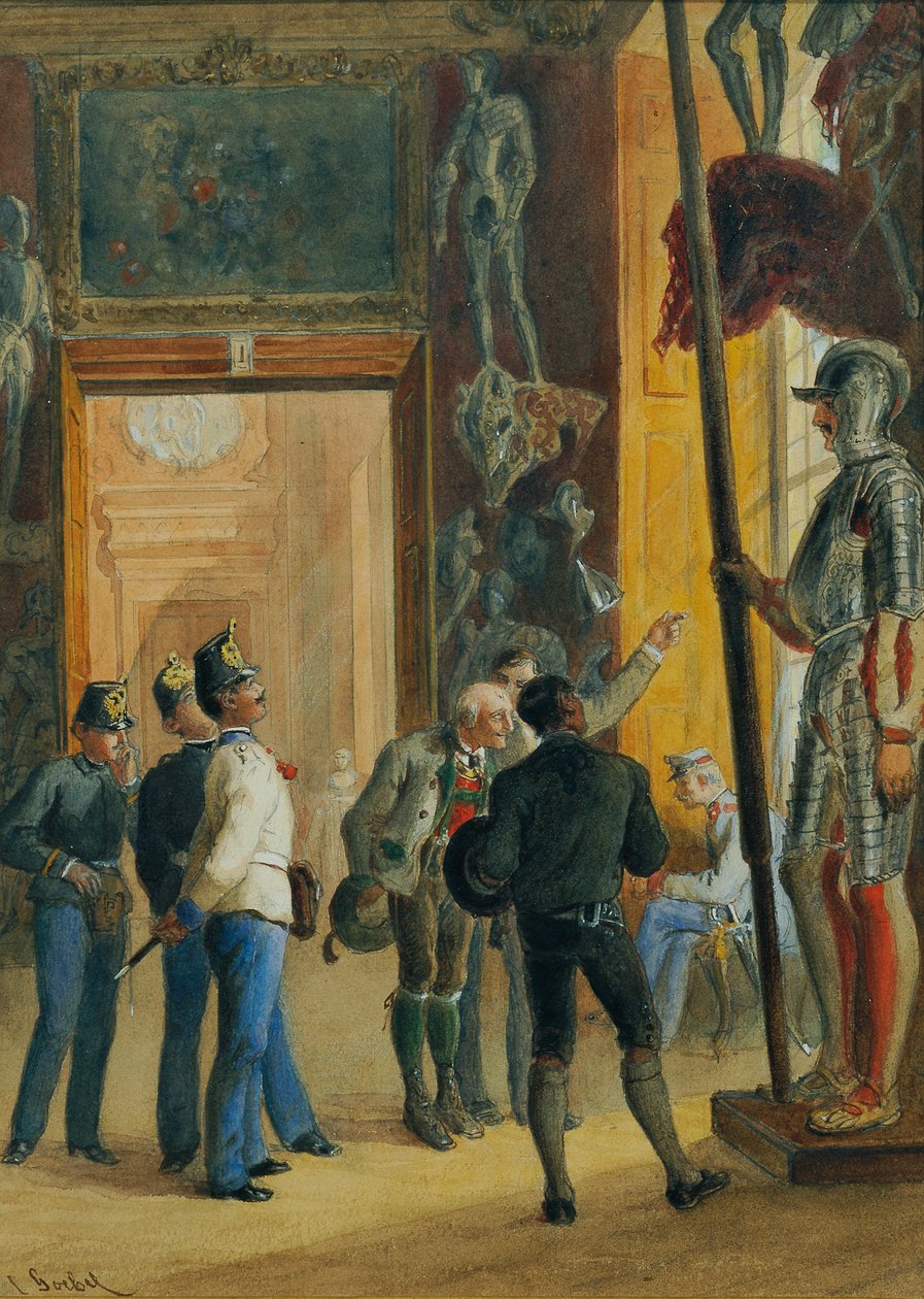 Oficiais austríacos e dois tiroleanos visitam a Colecção Ambras no Miradouro Inferior de Carl Goebel d. J.