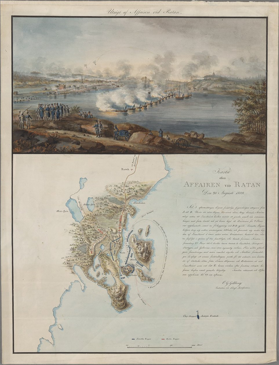 Vista e mapa do caso em Ratan, em 20 de agosto de 1809, 1809 de Carl Gustaf Gillberg