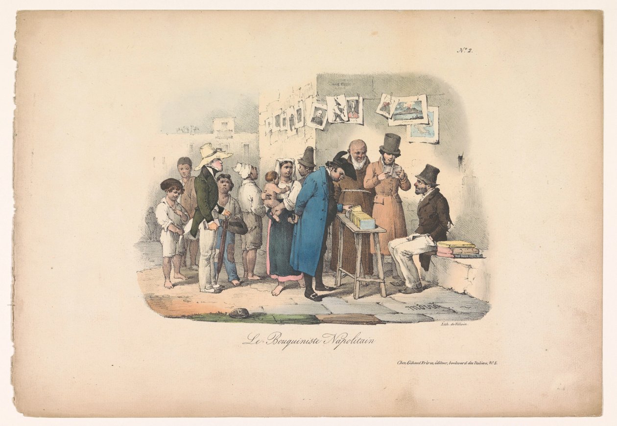 Barraca do livreiro em Nápoles Le Bouquiniste Napolitain (título no objeto) Cenas de gênero em Nápoles (título da série) Cenas populares de Nápoles e douze Tableaux (título da série) de Carl Gustaf Hjalmar Mörner