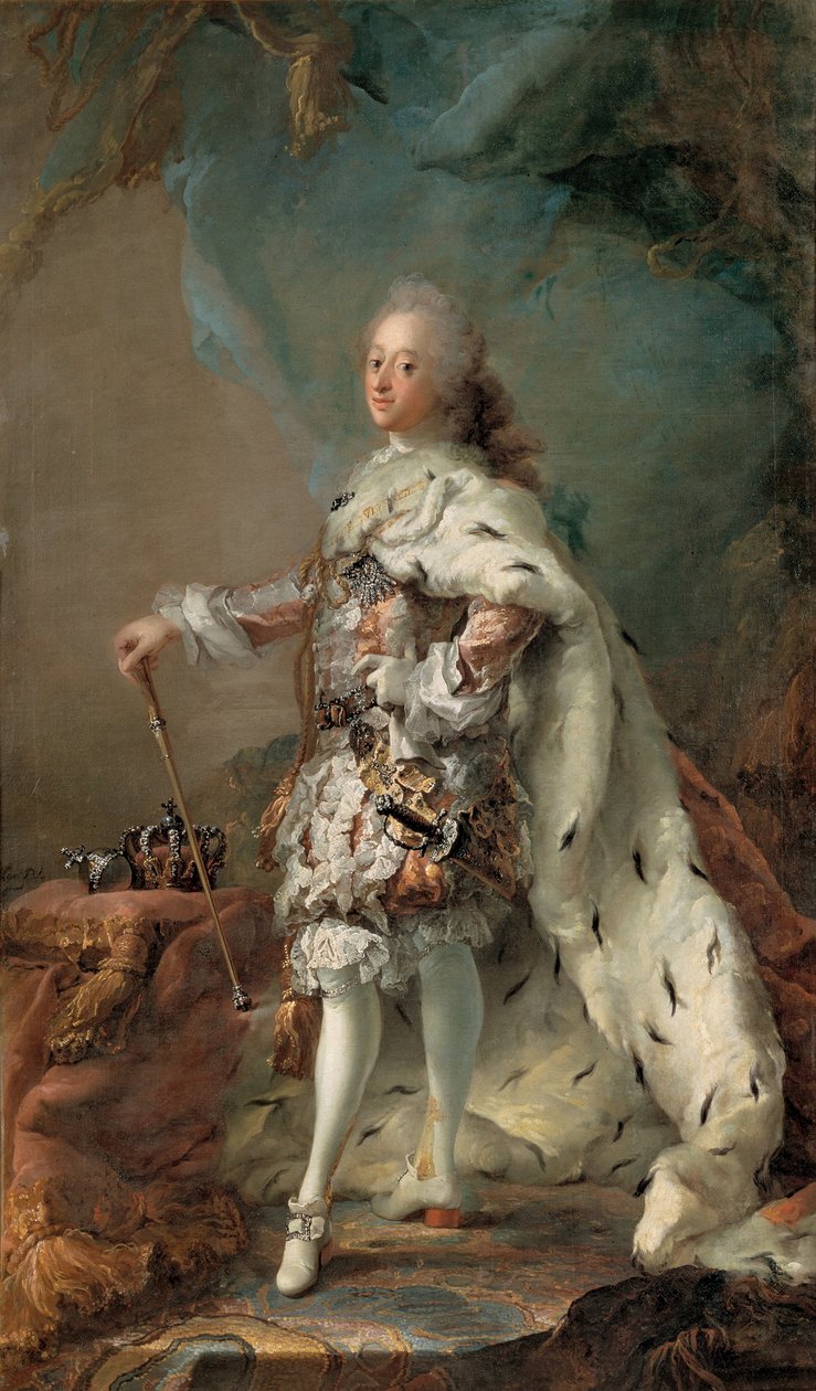 Retrato de Frederik V 1723-1766 em Unção Robe, c. 1750 de Carl Gustaf Pilo