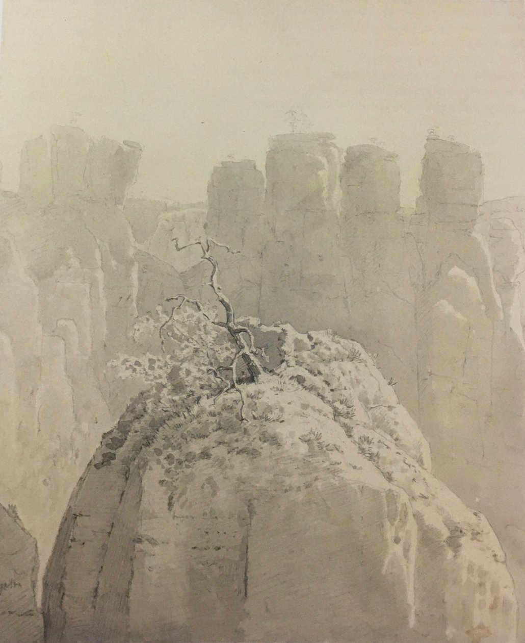 Alemão: Vista da ponte Bastei, na Suíça Saxónica, para o Kleine Gans de Carl Gustav Carus