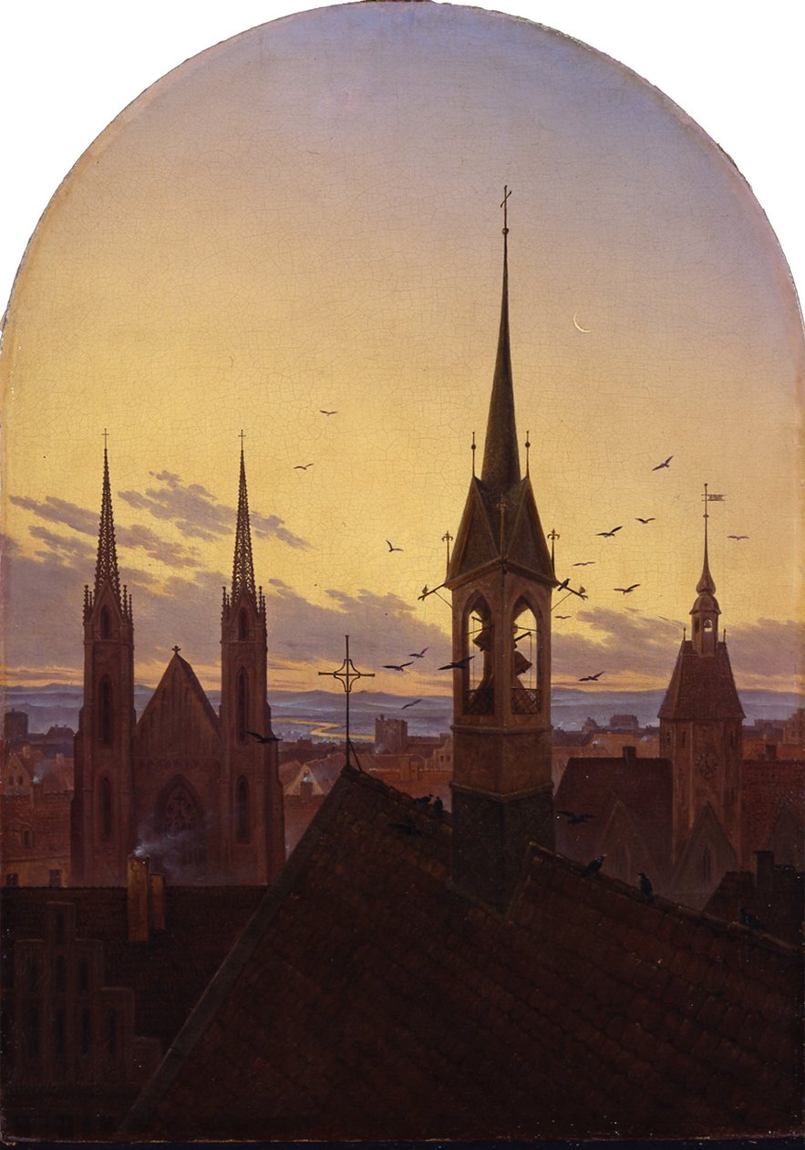 Alemão: Frühläuten (Altdeutsche Stadt im Frühlicht) Sinal matinal (cidade da antiga Alemanha à luz da manhã) de Carl Gustav Carus